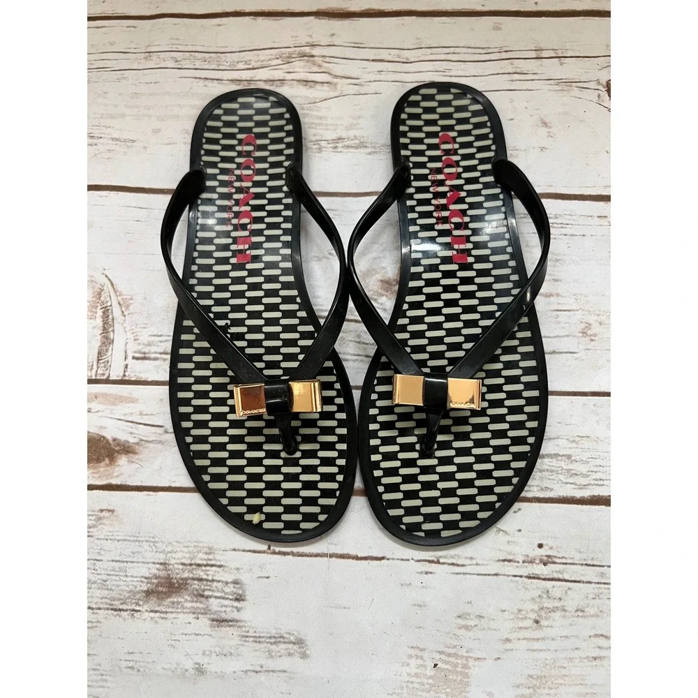 Coach Landon Flip Flop Sandals Black White Dash Gold Bow -Size 8B